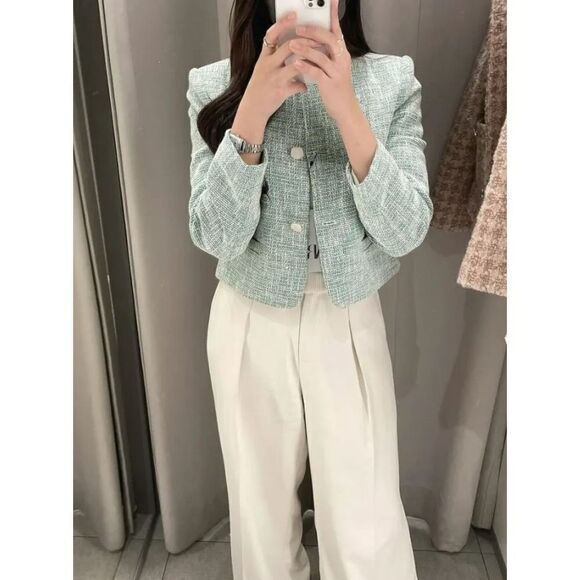 ZARA TEXTURED CROP BLAZER GREEN / ECRU XL NWT - Picture 5 of 10